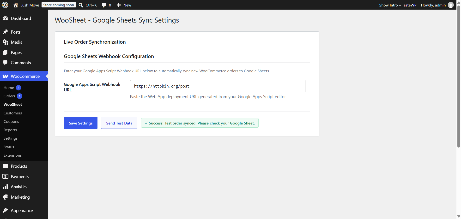 Live order data appearing structured in Google Sheets.