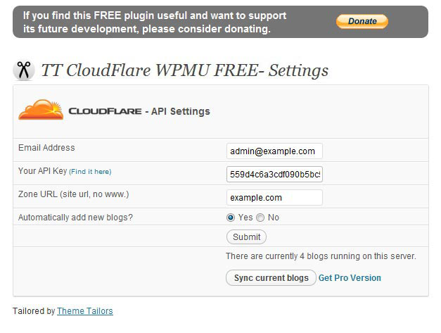 TT CloudFlare WPMU Settings.