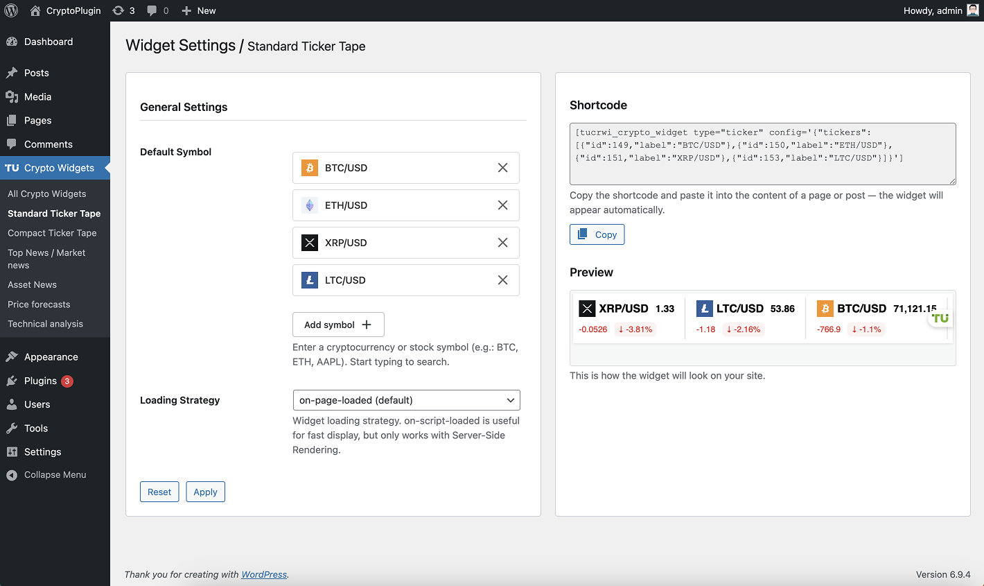 Standard Ticker Tape - widget settings & preview