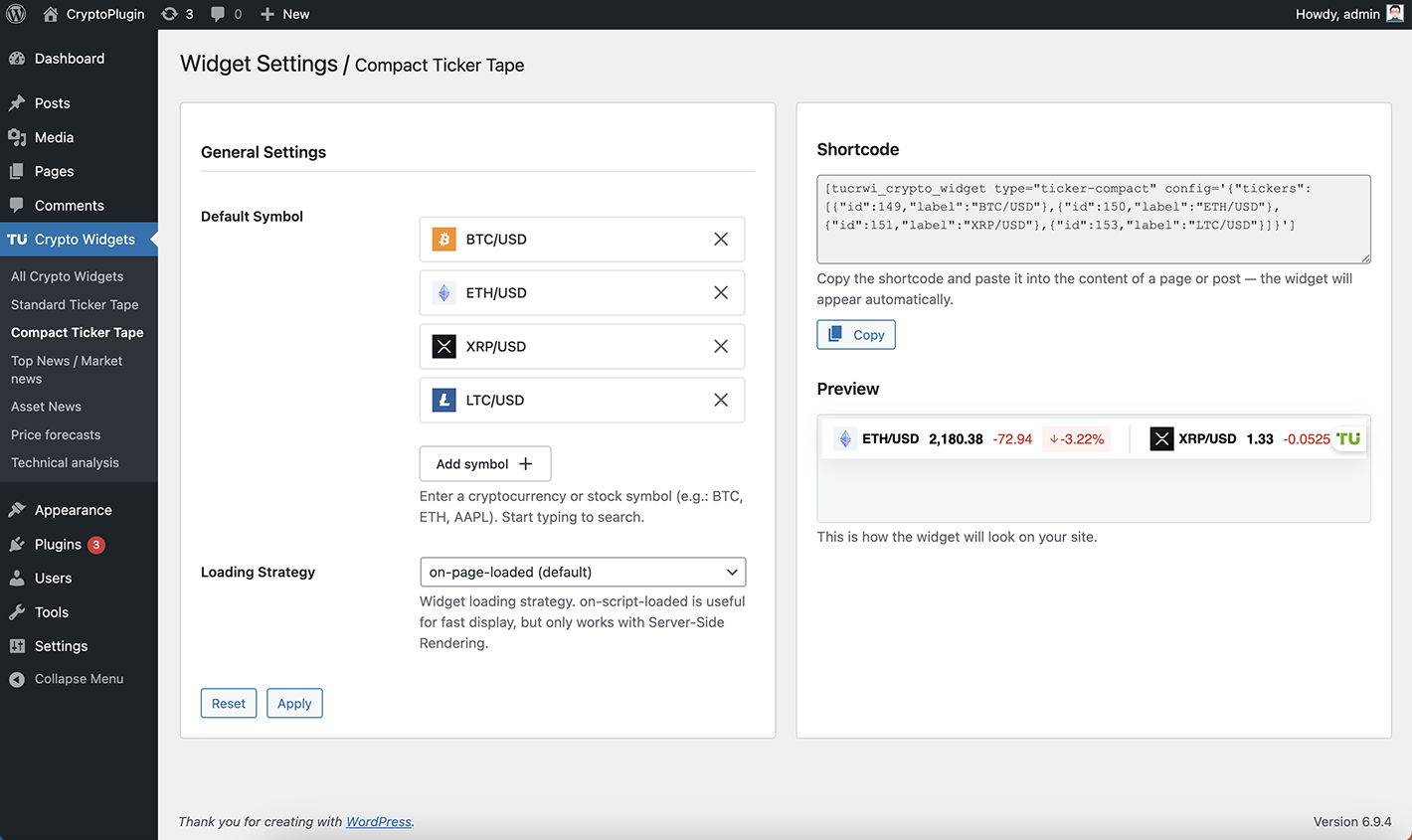 Compact Ticker Tape - widget settings & preview