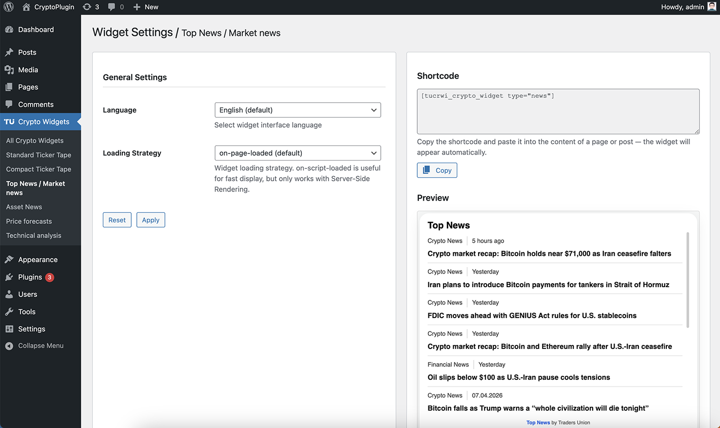 Top News / Market news - widget settings & preview