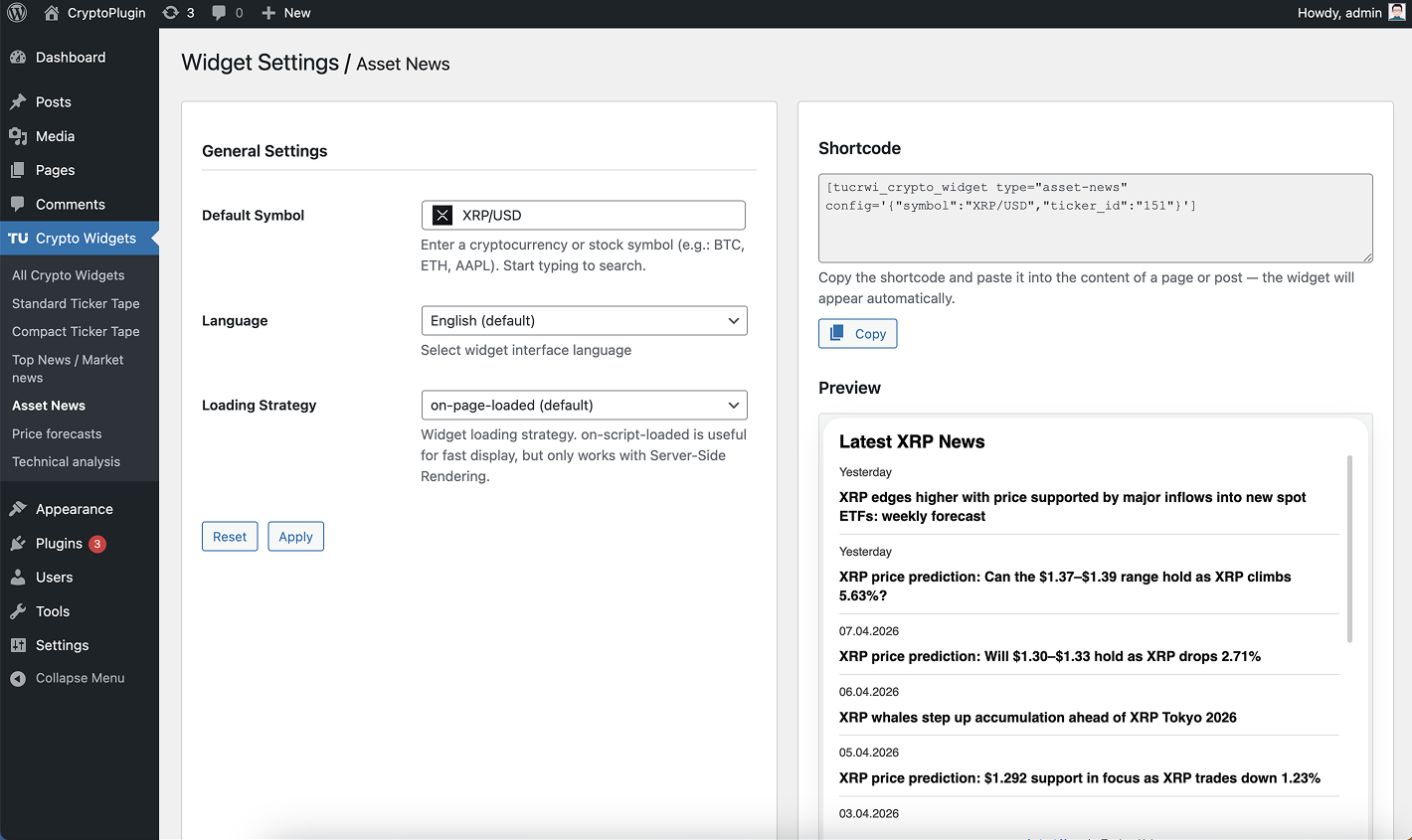Asset News - widget settings & preview