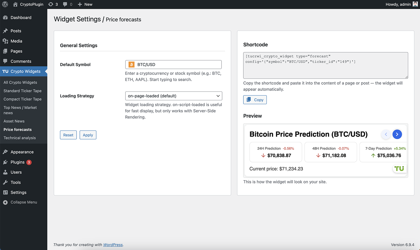 Price Forecasts - widget settings & preview