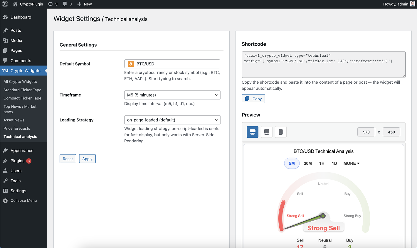Technical Analysis - widget settings & preview