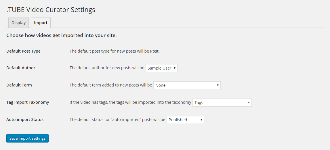 Import Settings: Control how new video content gets imported as WordPress posts.