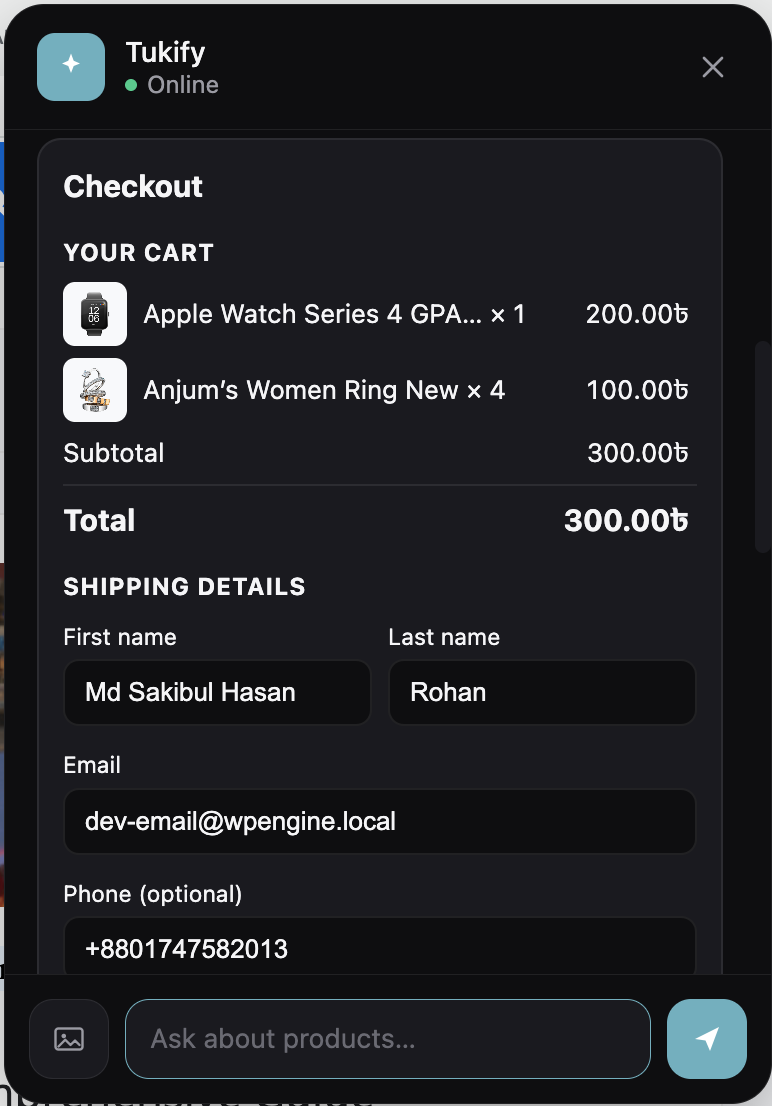 In-chat product detail popup - gallery, price, stock, variations and add to cart, without leaving the chat.