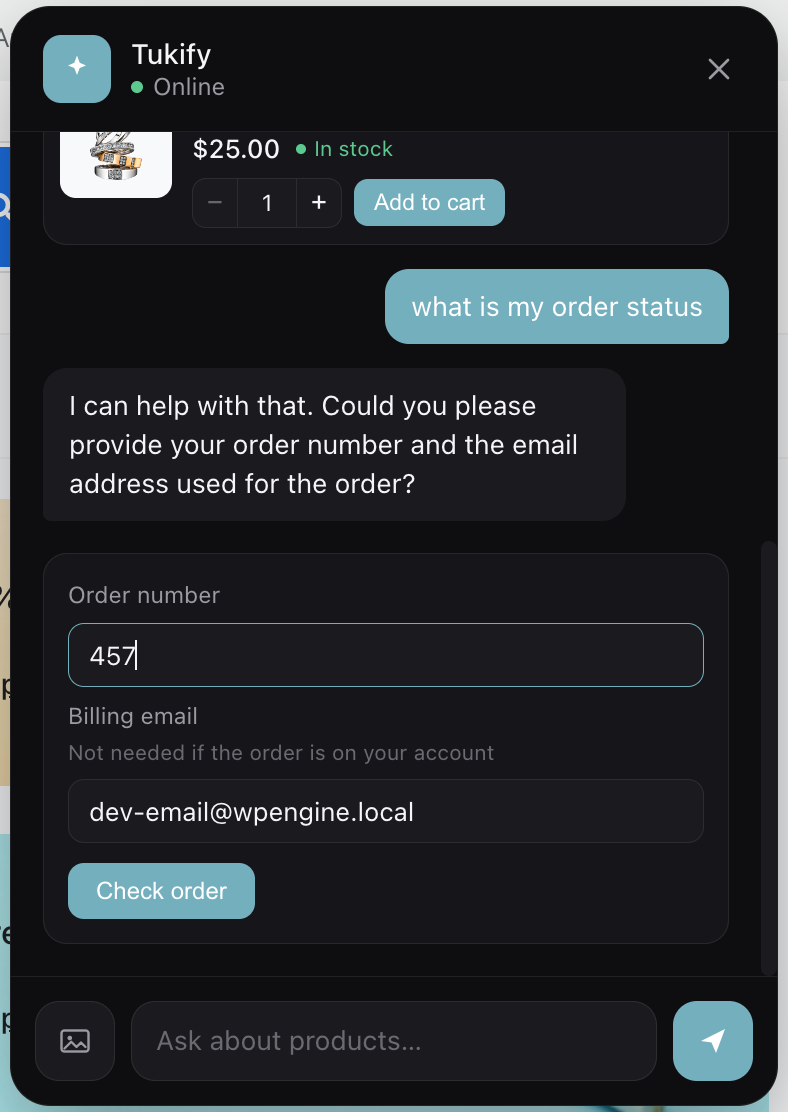 Order status lookup - verified with order number and billing email.