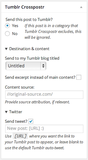 You can optionally choose not to crosspost individual WordPress posts from the Tumblr Crosspostr custom post editing box. This box also enables you to send a specific post to a Tumblr blog other than the default one you selected in the previous step, send the post's excerpt rather than its main body to Tumblr, and [control the Tumblr auto-tweet](http://www.tumblr.com/docs/twitter) setting (if enabled on your Tumblr blog).