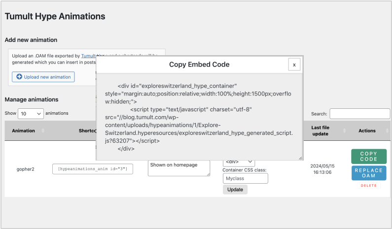 Clicking 'Copy Code' in the actions list displays the full embed code to your uploaded Tumult Hype document for usage outside of the Wordpress loop or your Wordpress site.