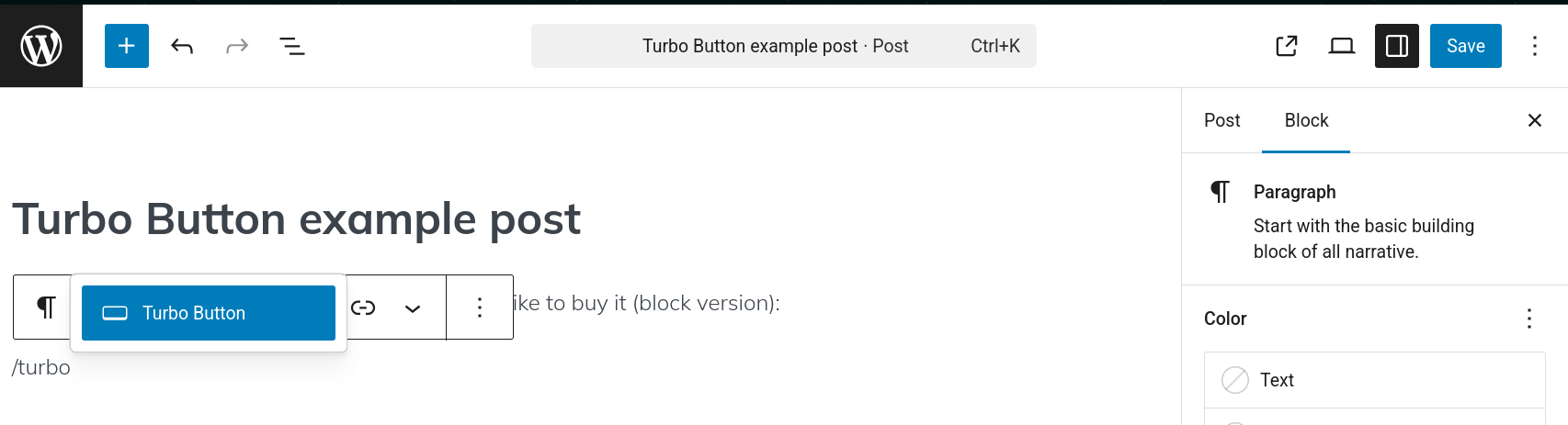 Gutenberg block usage to select the Turbo Button plugin.