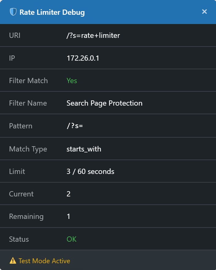 Debug panel displaying rate limit statistics and logs.