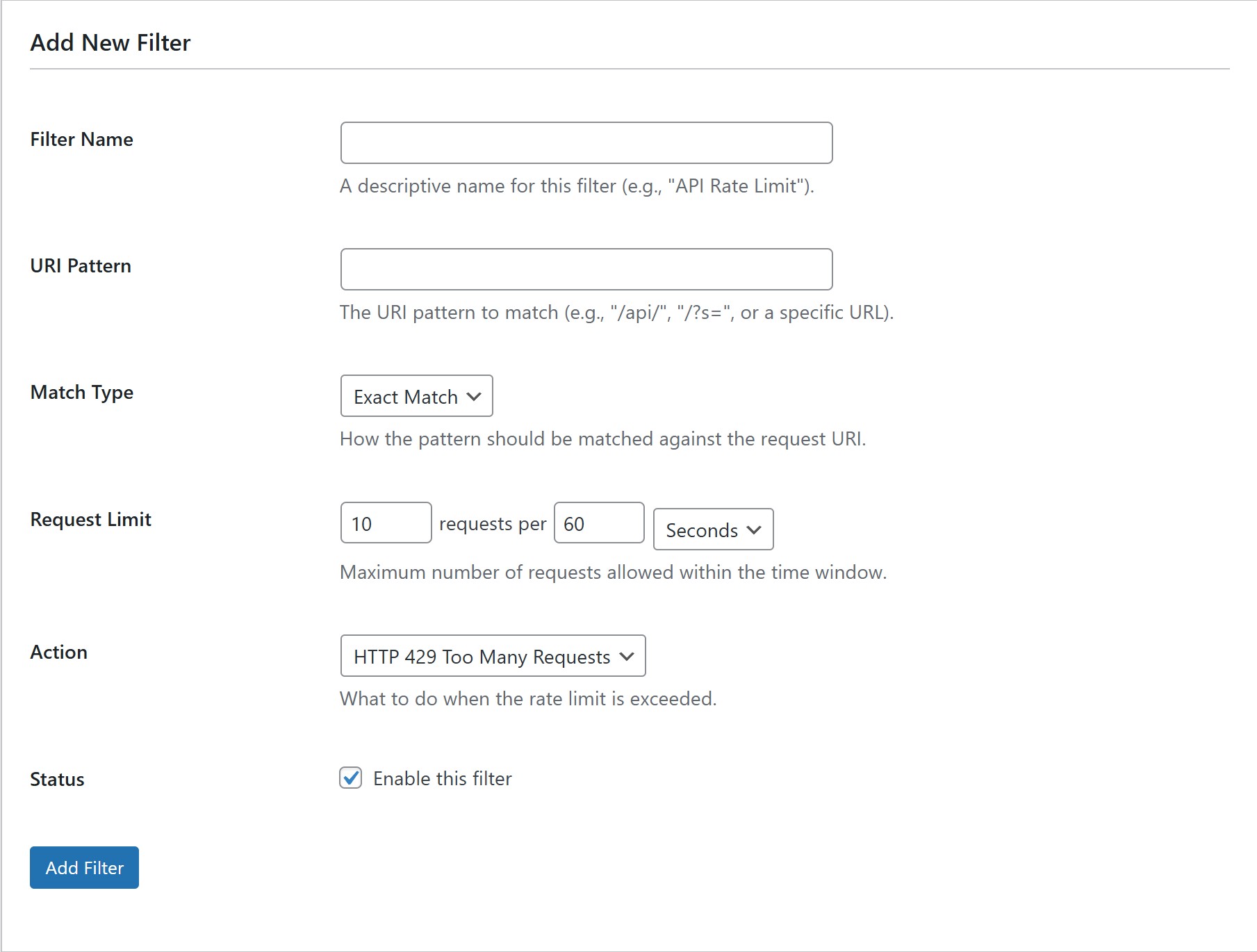 Filter form for testing and debugging rate limiting rules.