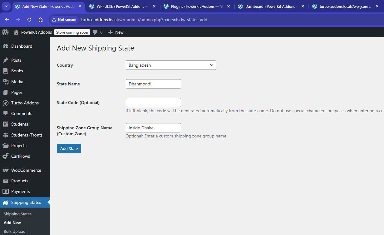Assign your custom states to WooCommerce shipping zone regions.