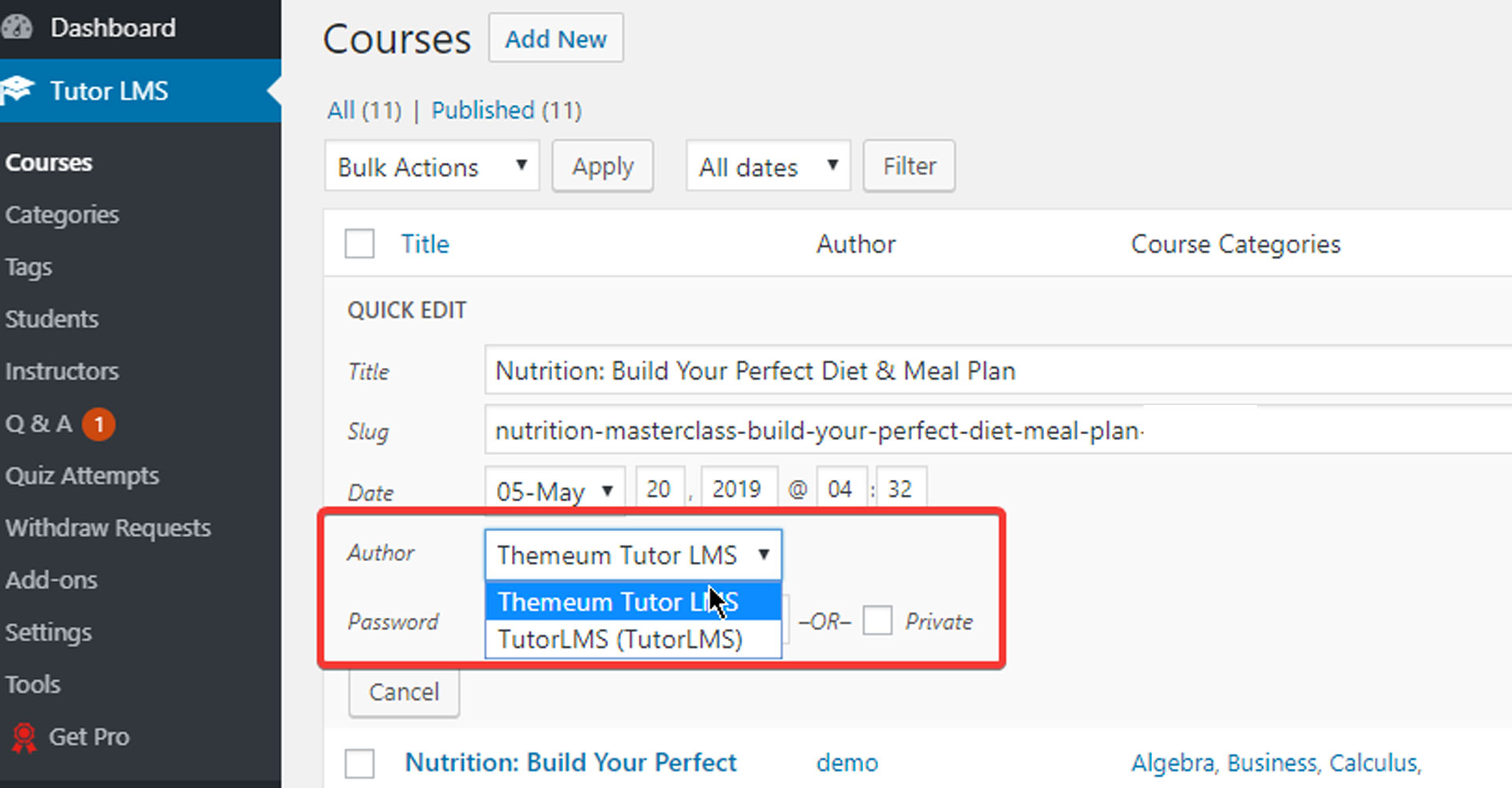 How to change Tutor LMS author from Courses.