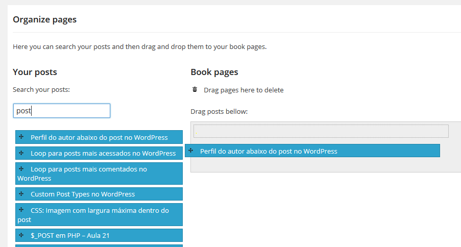 This is where you search posts and add it to your e-book (drag and drop).
