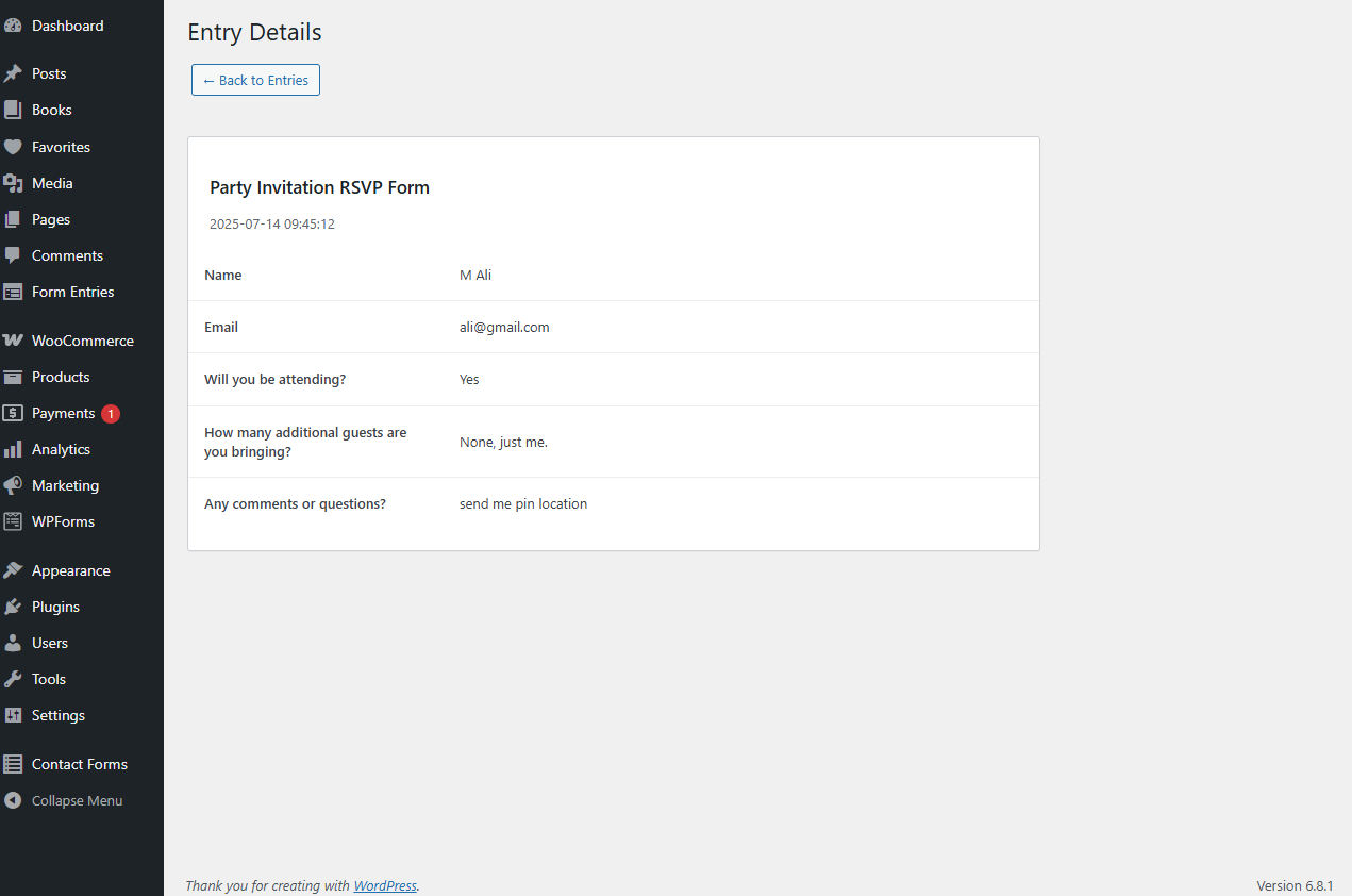 Screenshot 3: View full submission data for an individual entry, including all form fields and their values, along with submission timestamp.