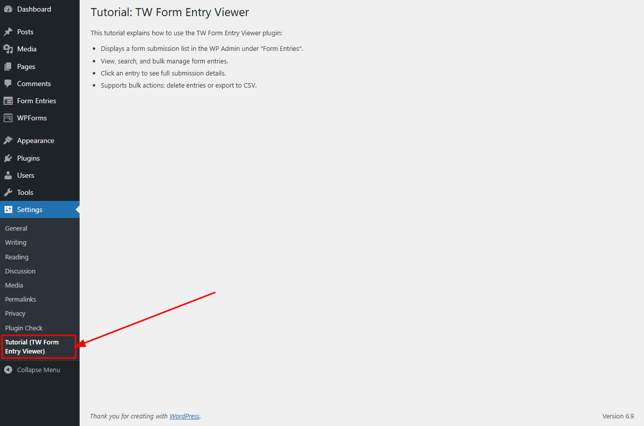 Screenshot 4: Provides a step-by-step guide on how to use the plugin, including capturing entries, viewing them and exporting to CSV.