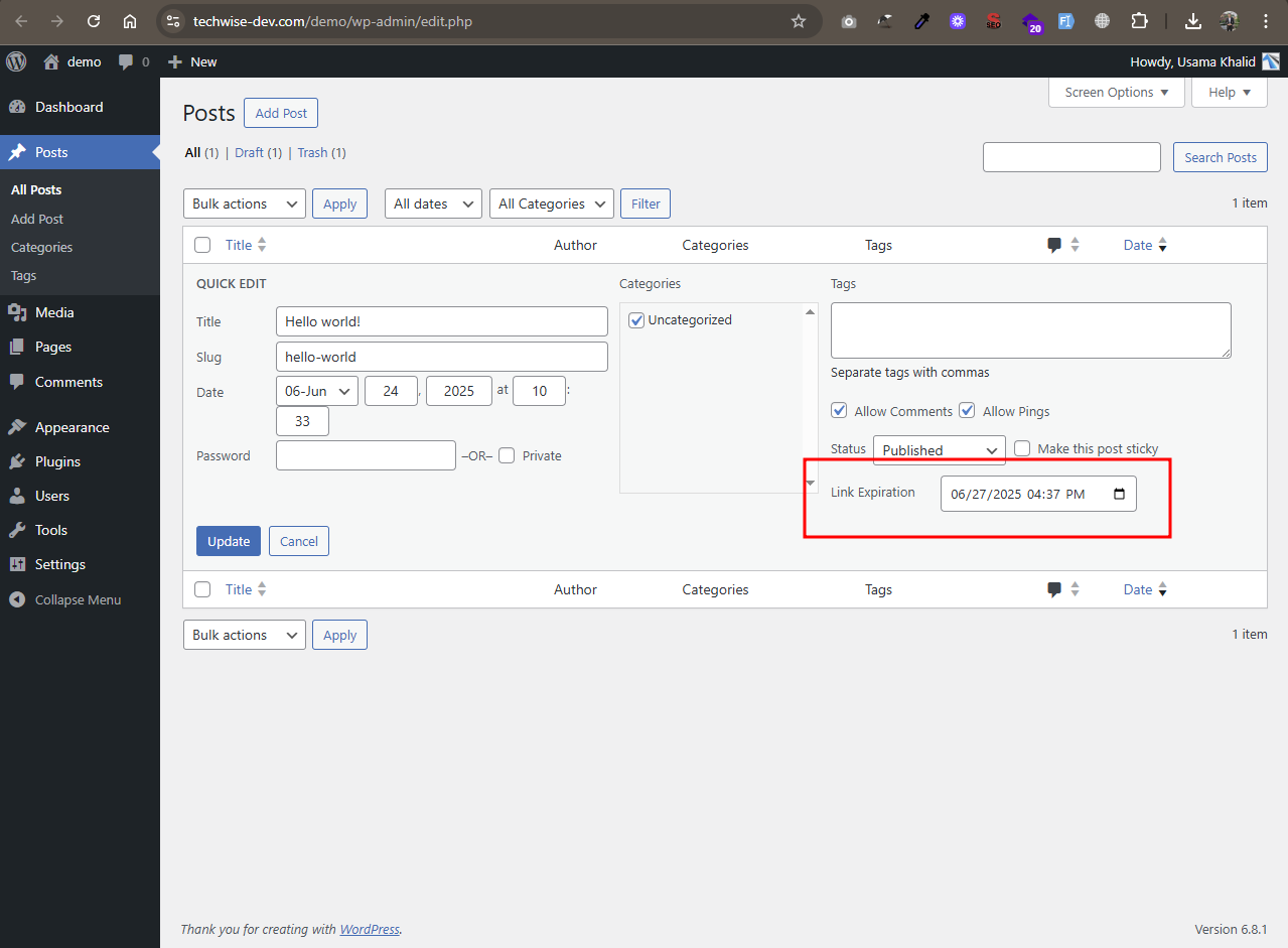 Screenshot 2: Example of Link Expiration field displayed on a Quick edit post.