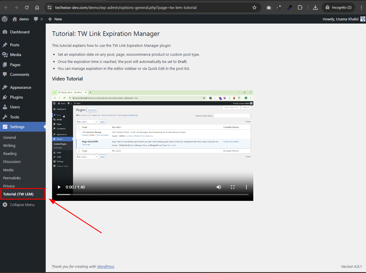 Screenshot 3: Plugin Tutorial page in the WordPress dashboard.