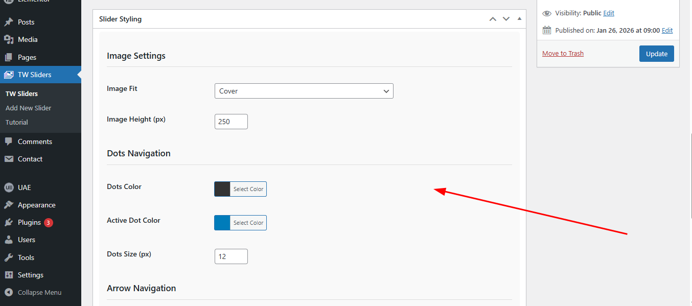 Screenshot 2: Slider Styling - Customizing slider appearance, including height, Image Fit, and visual effects.