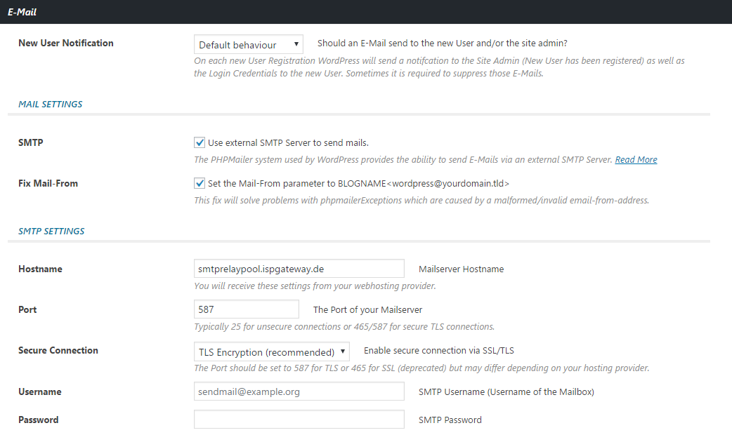 E-Mail SMTP Settings