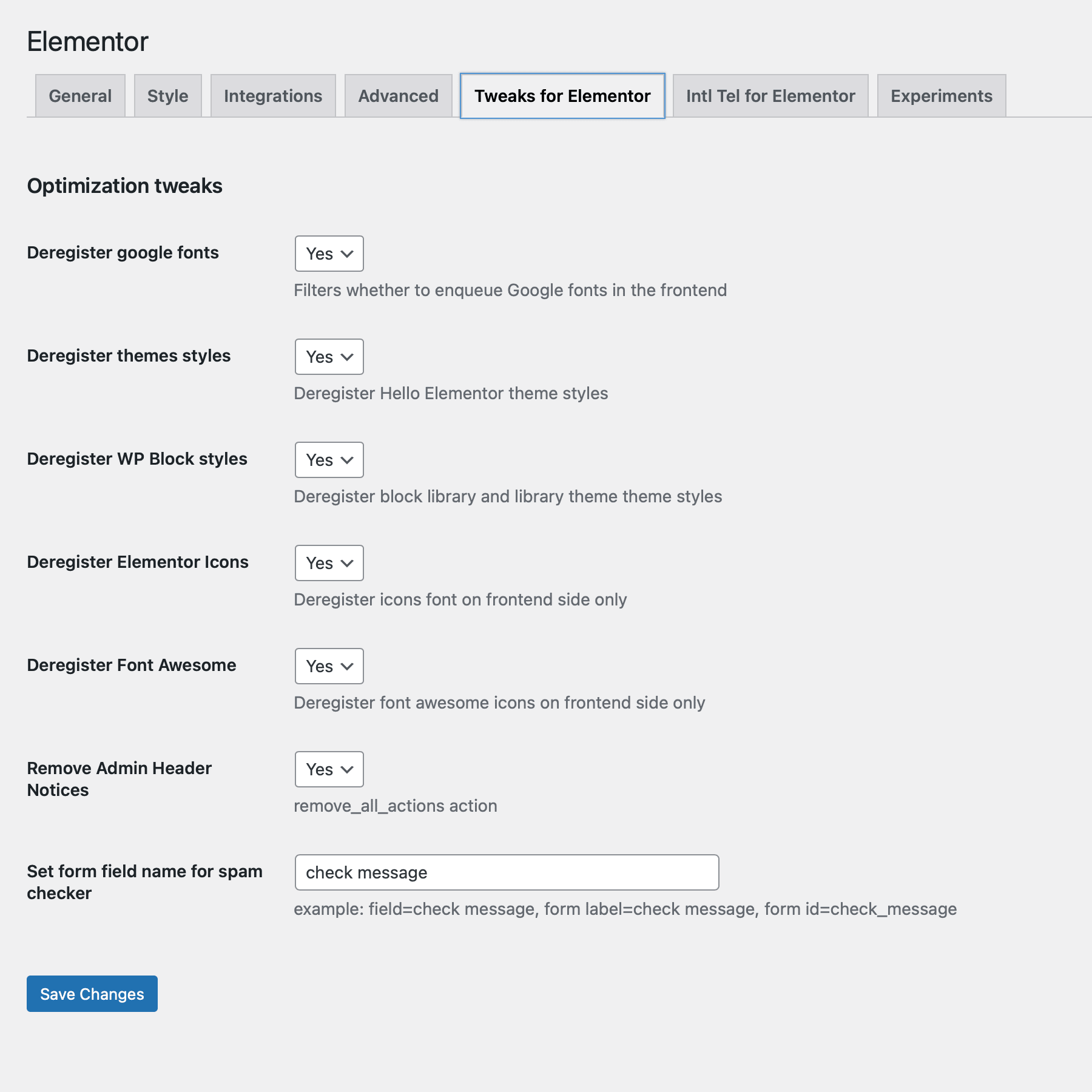 Tweaks for Elementor Settings screen