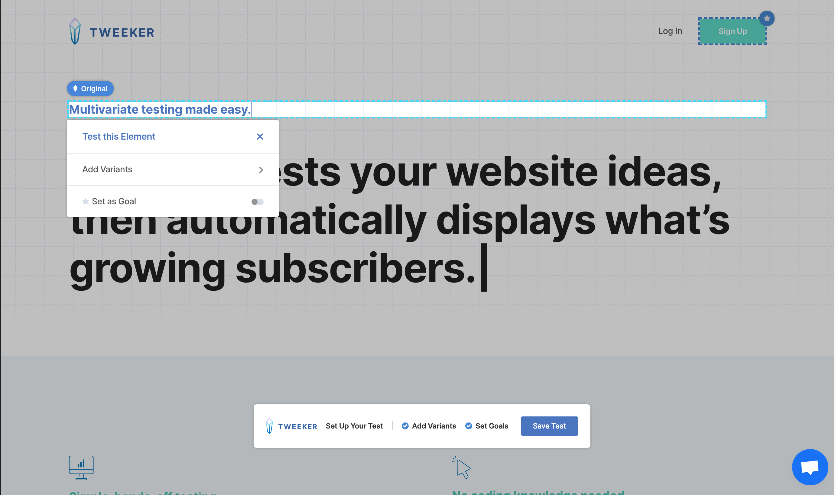 The Tweeker Editor page where you can set up your tests