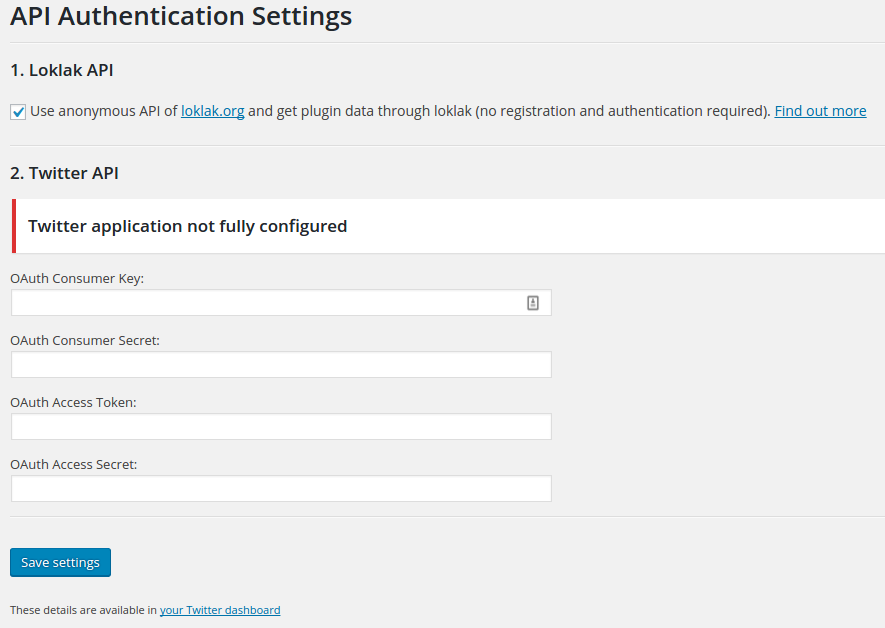 Admin screen shows Loklak and Twitter API connect button and OAuth settings