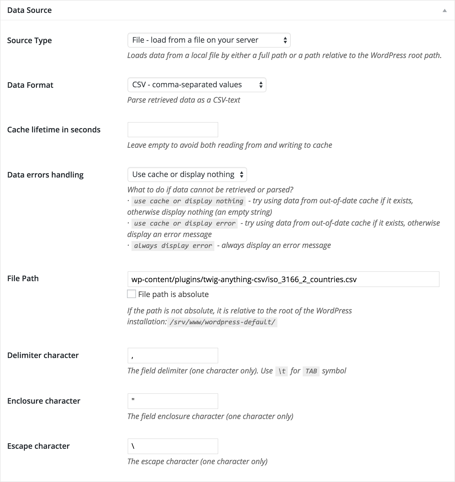 The slick Data Source settings panel with CSV format selected and custom format configuration fields: Delimiter character, Enclosure character and Escape character.