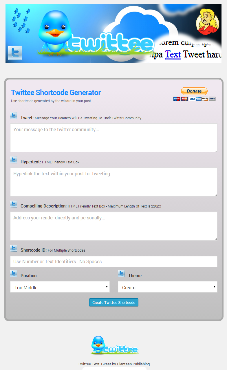 Twittee Shortcode Generator.