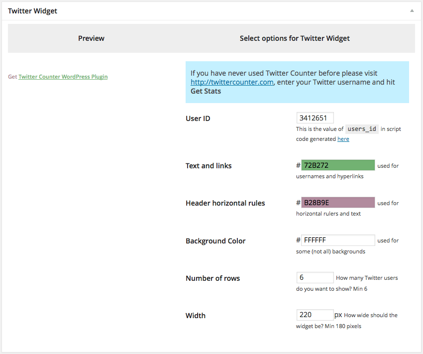 Twitter Counter Button options in WP-Admin