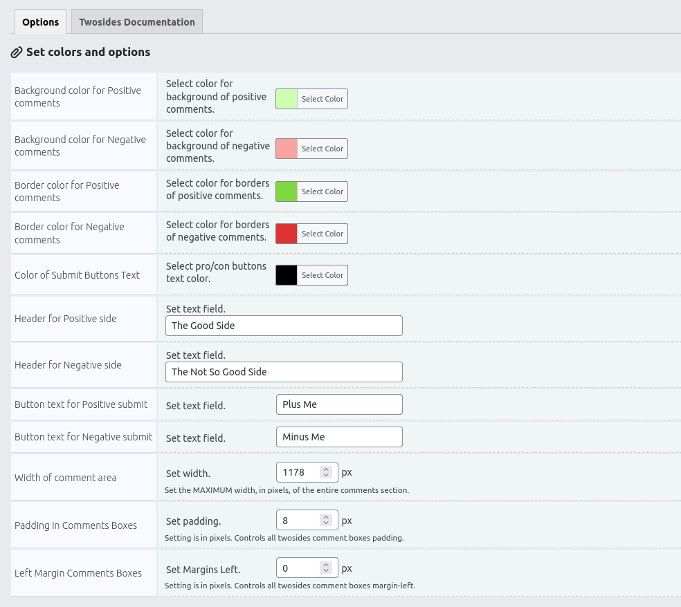 Controls in the admin side settings panel
