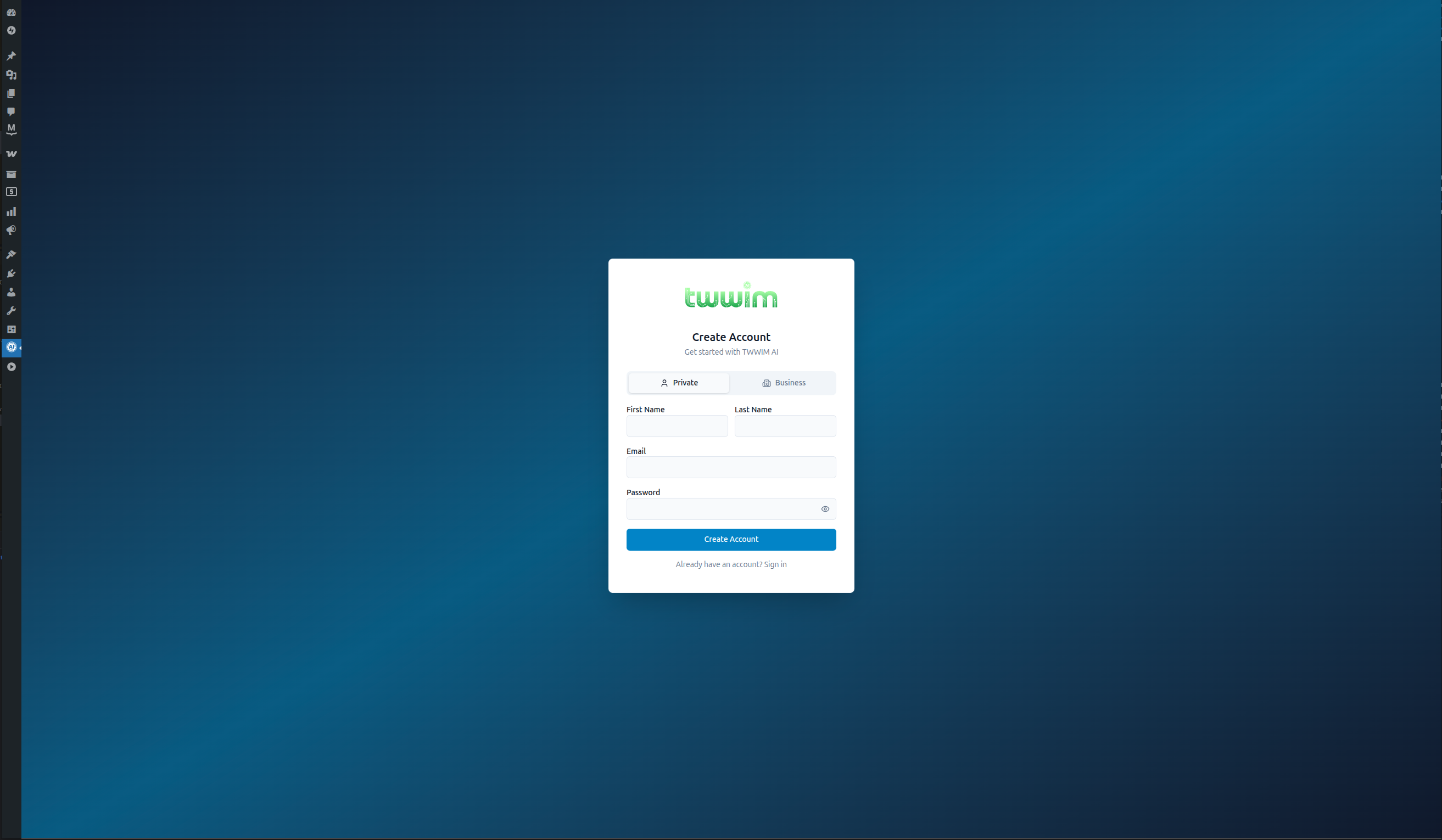 Registration — create a TWWIM AI account directly from WordPress admin, no separate signup.