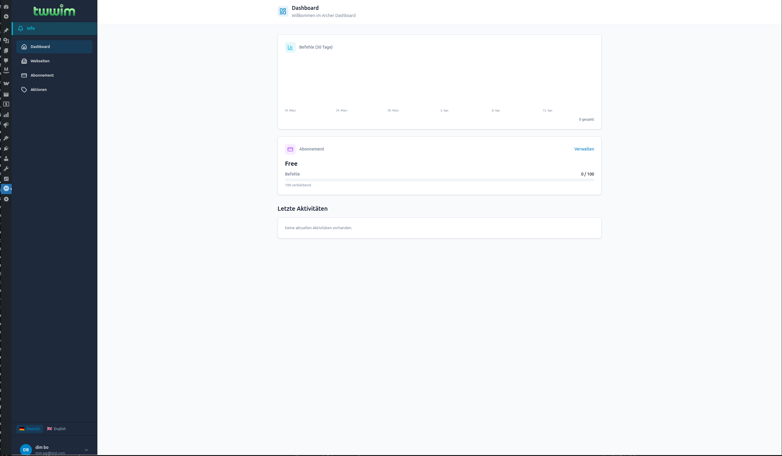 Dashboard — command usage stats and plan overview, embedded in WP admin (DE/EN).