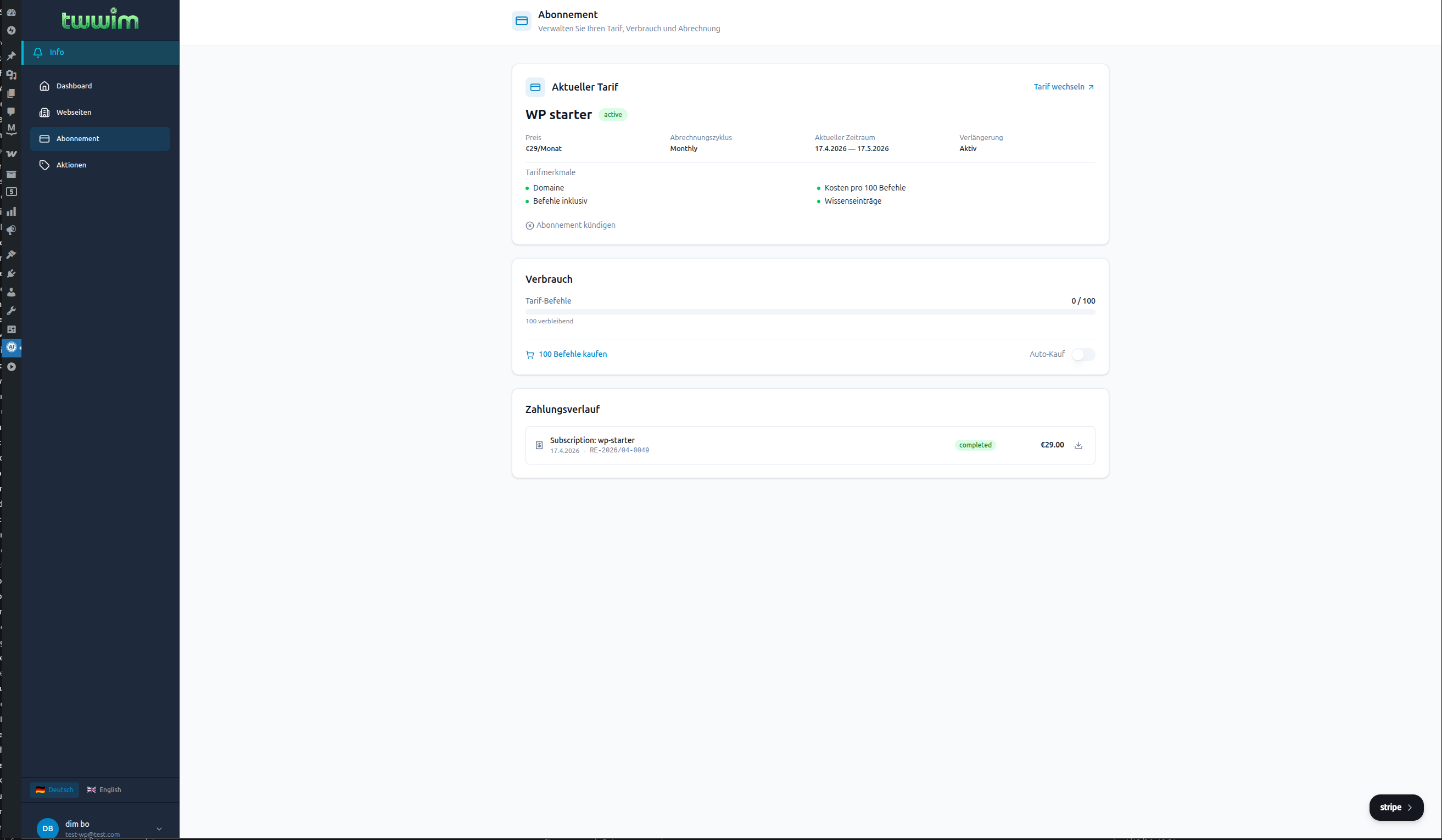 Subscription management — current plan, usage, Stripe-powered billing and payment history.