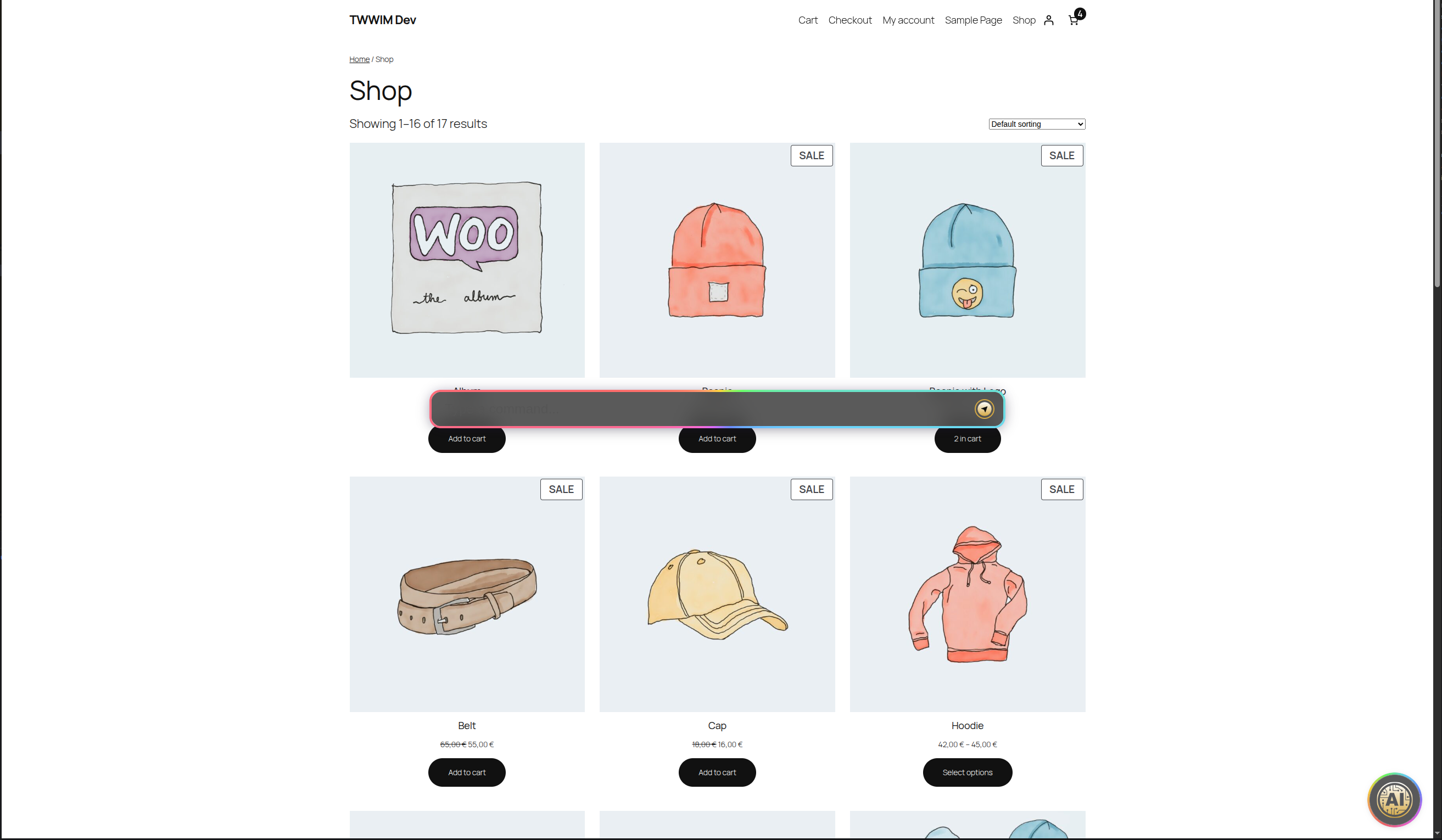 Frontend on a WooCommerce shop — assistant dock bar in text-command mode.