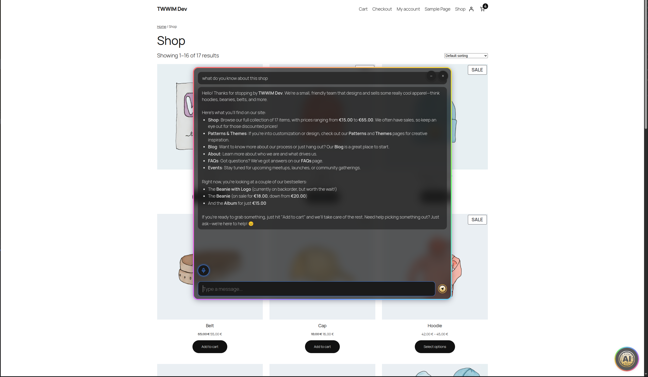 Frontend on a WooCommerce shop — full chat mode answering visitor questions in natural language.