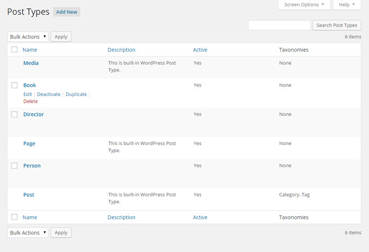 Custom Taxonomies list