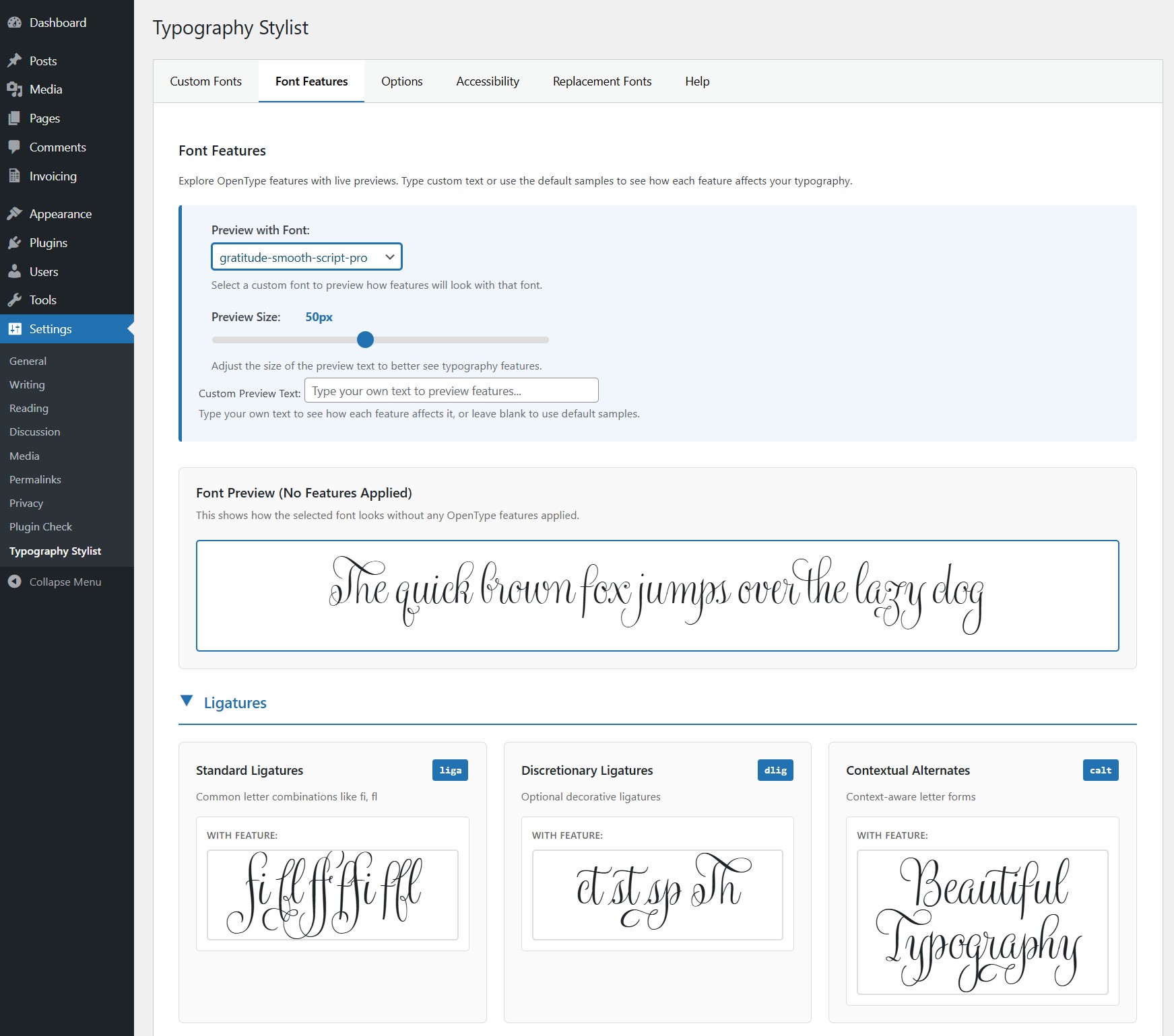 Font Feature Preview (Admin Settings Page)