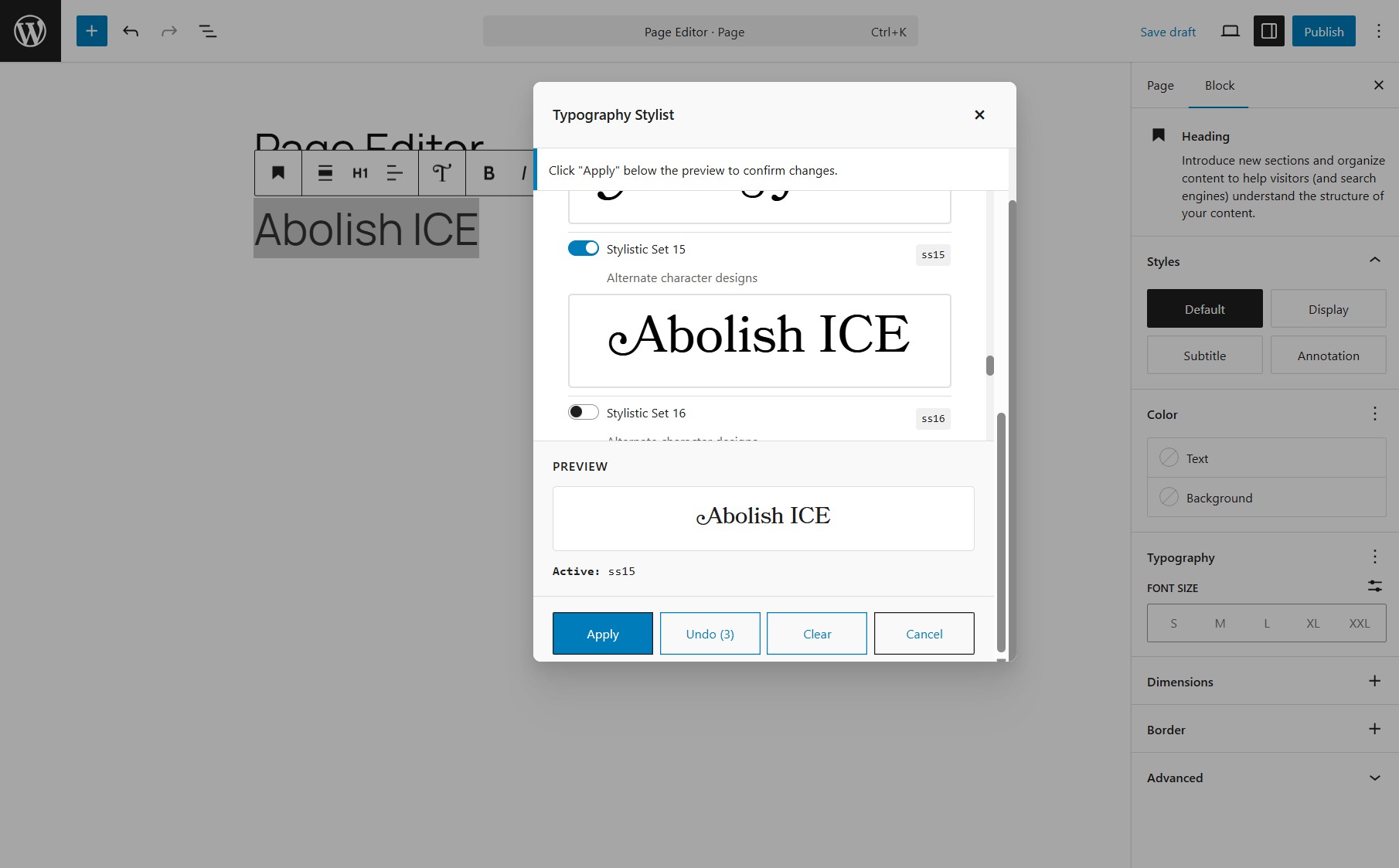 Typography Stylist panel, available on headings and other rich text blocks by clicking the swashy "T" icon in the toolbar