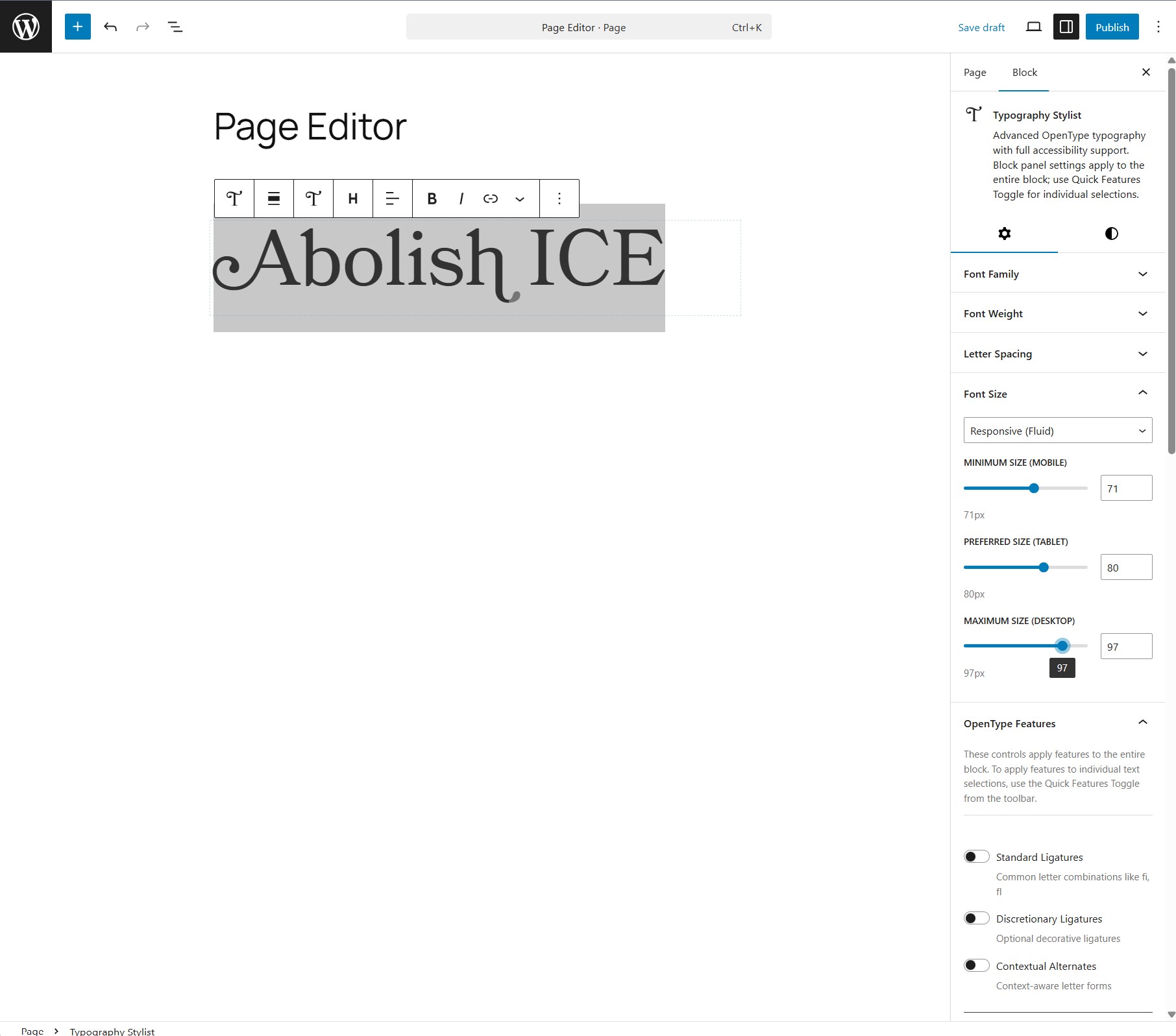 Typography Stylist Block with global controls in the sidebar