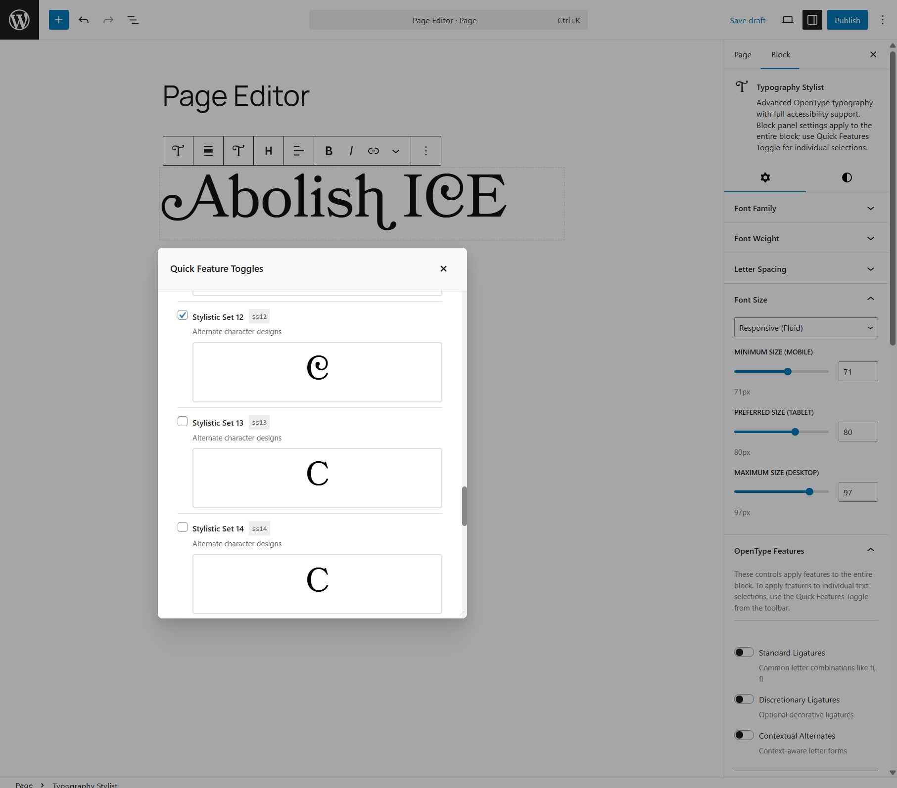 Typography Stylist Block with Quick Feature Toggle open to apply stylistic sets and other features