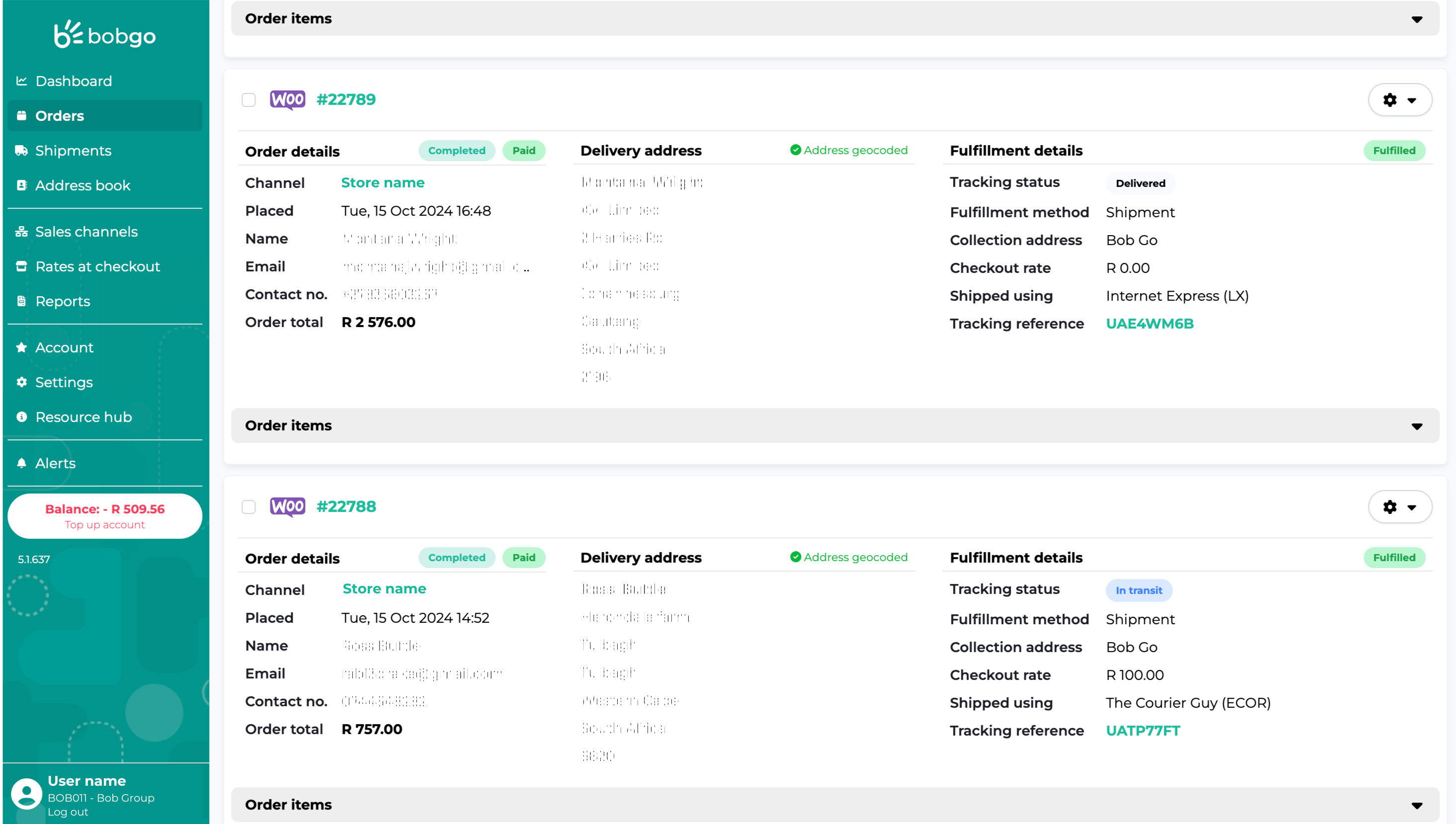 Image of the orders page on the Bob Go app