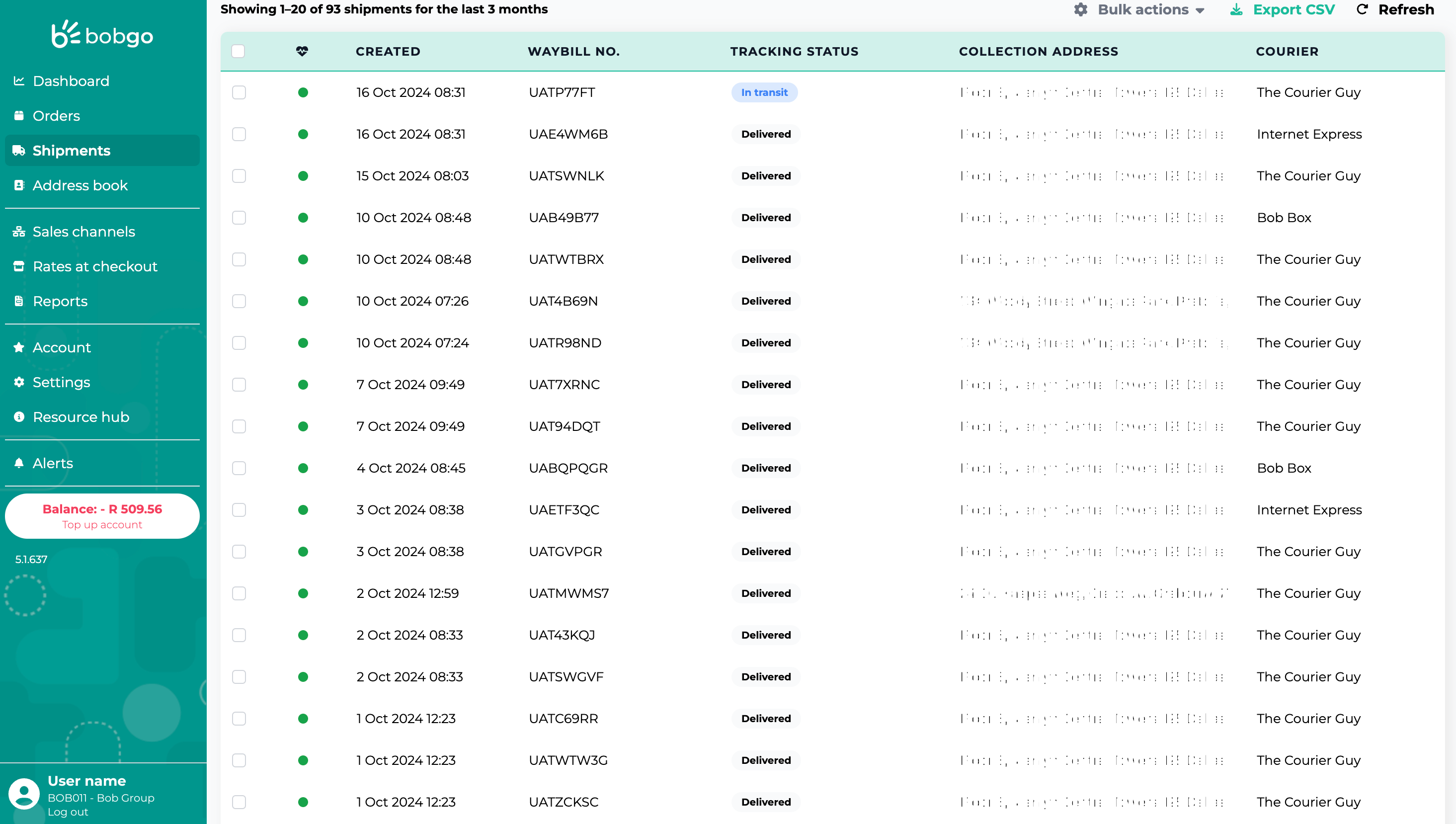 Image of the shipment page on the Bob Go app