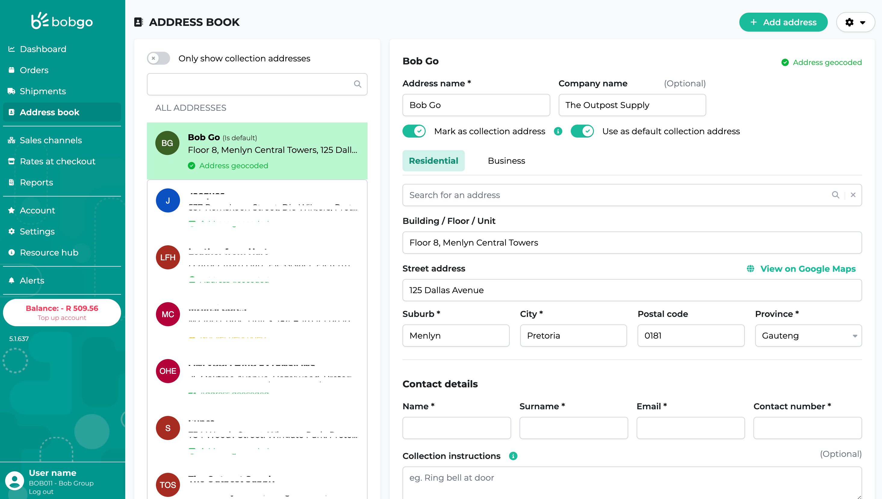 Image of the address book page on the Bob Go app