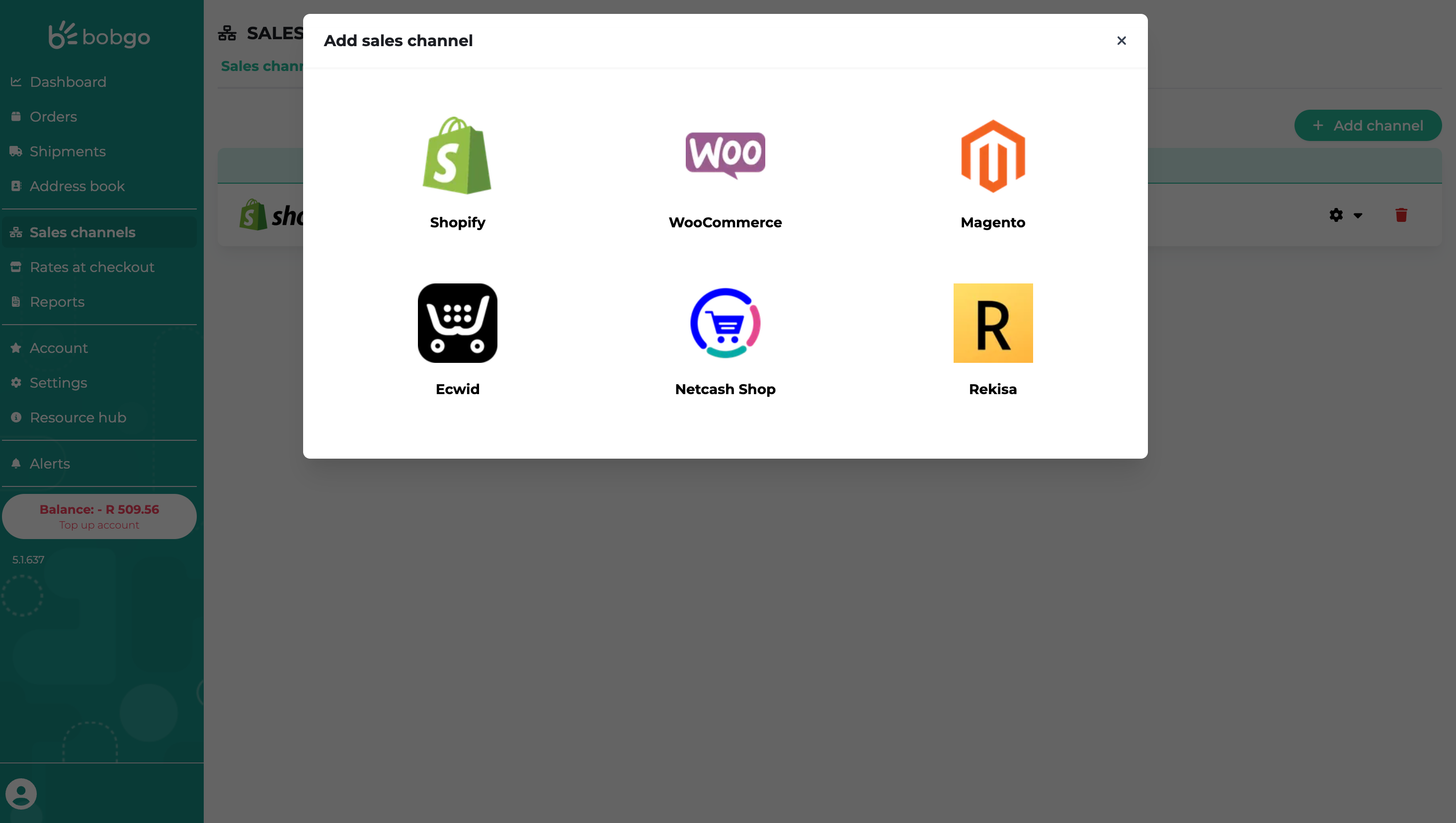 Image of adding a sales channel on the Bob Go app