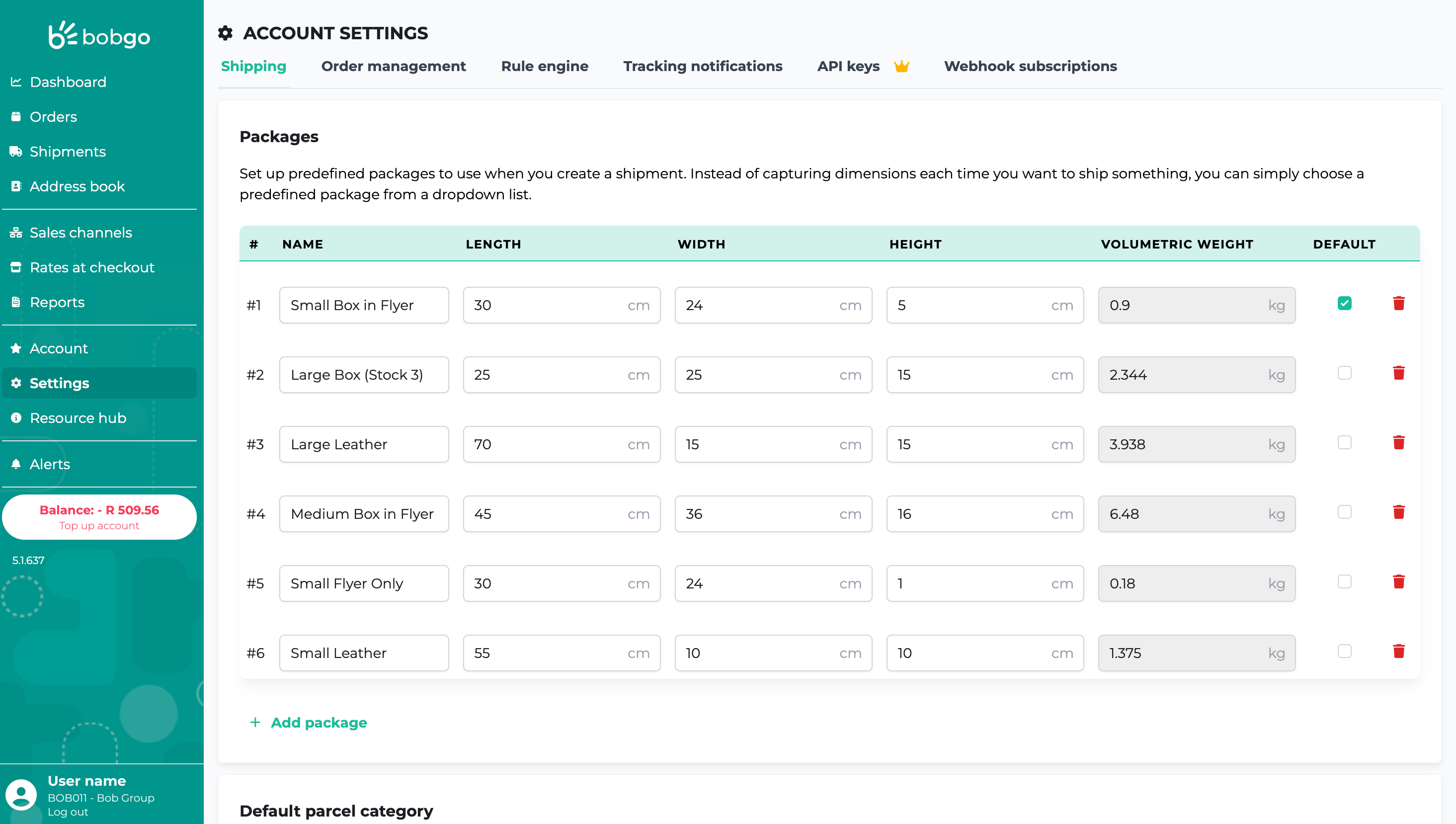 Image of shipping page settings to set up packages on the Bob Go app