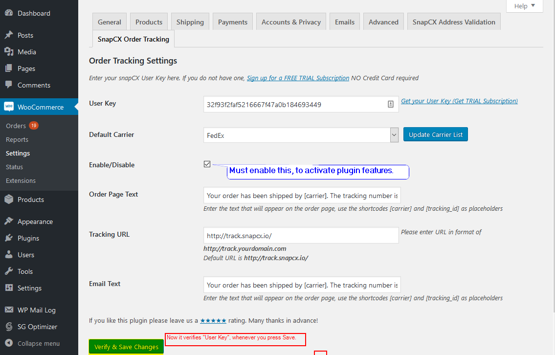 Plugin Settings page. Here you can customize the message that your customers get.