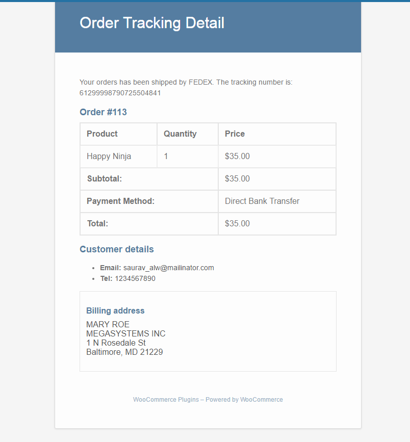 Screenshot of email sent to customer only first time with hyper link to shipping tracking number when tracking number is added.