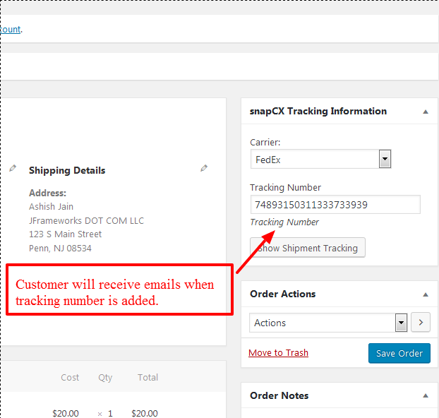 Screenshot of email sent to customer with hyper link to shipping tracking number on changing Order Actions to Processing order.